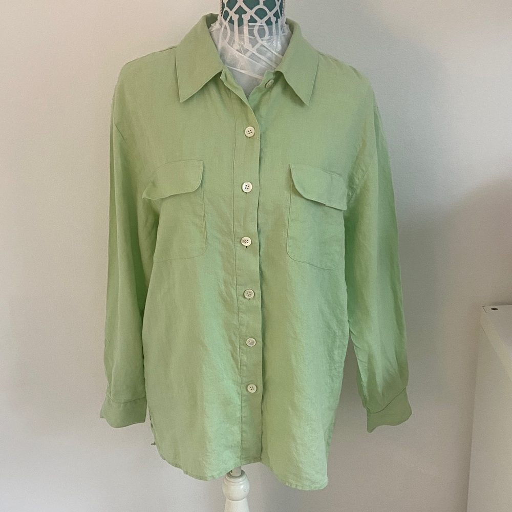 Talbots light green linen blouse 12